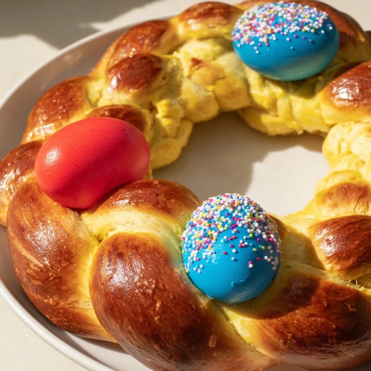 Golden-brown Easter Bread with Colored Eggs braided with pink, blue, and yellow dyed eggs on a rustic table.