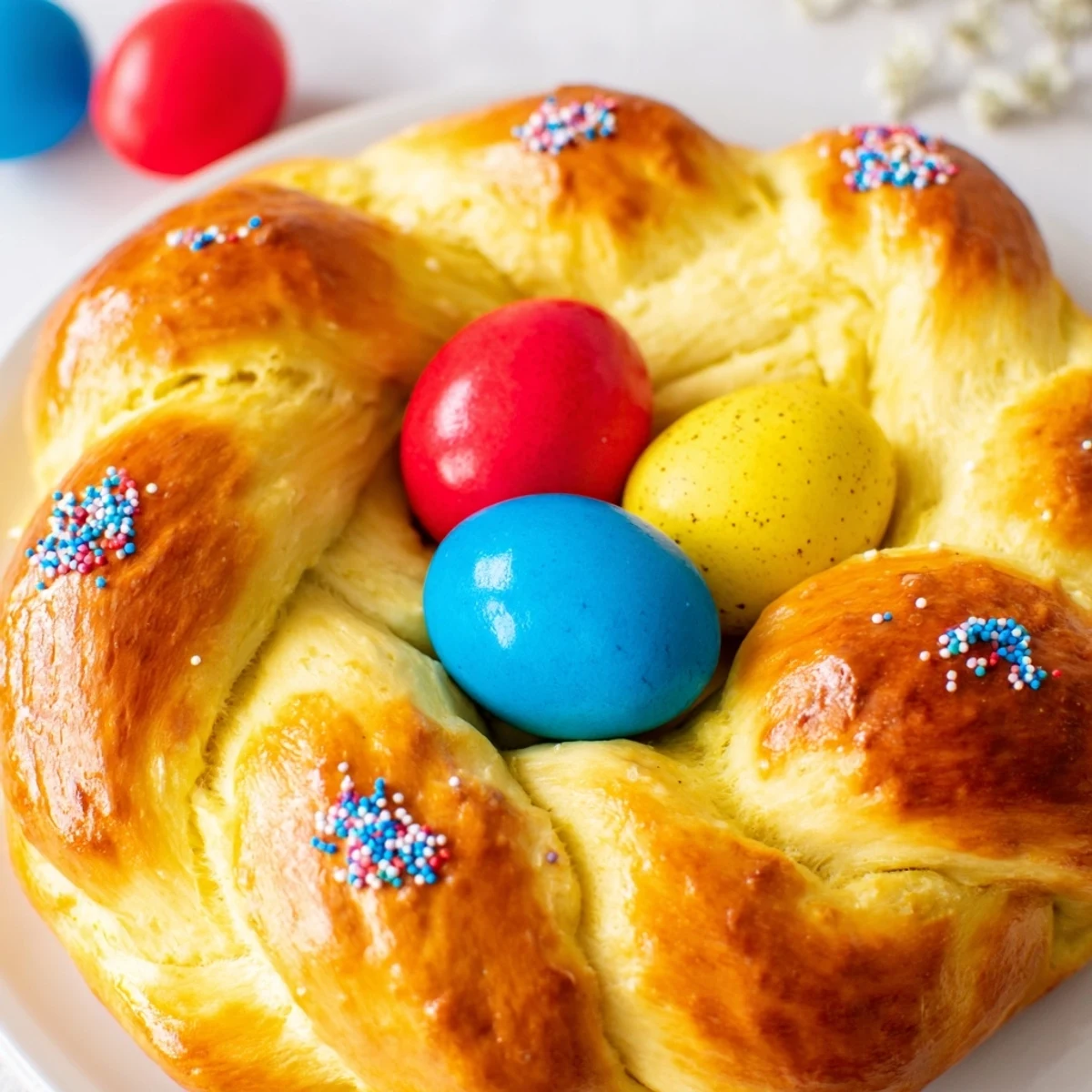 Festive Easter Bread with Colored Eggs showing soft brioche texture and vibrant spring hues on a white plate.