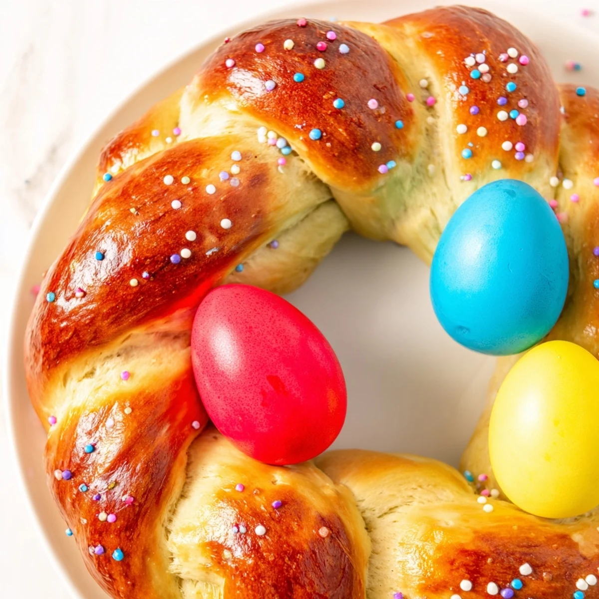Freshly baked Easter Bread with Colored Eggs, sliced to reveal tender crumb, served with butter and jam.