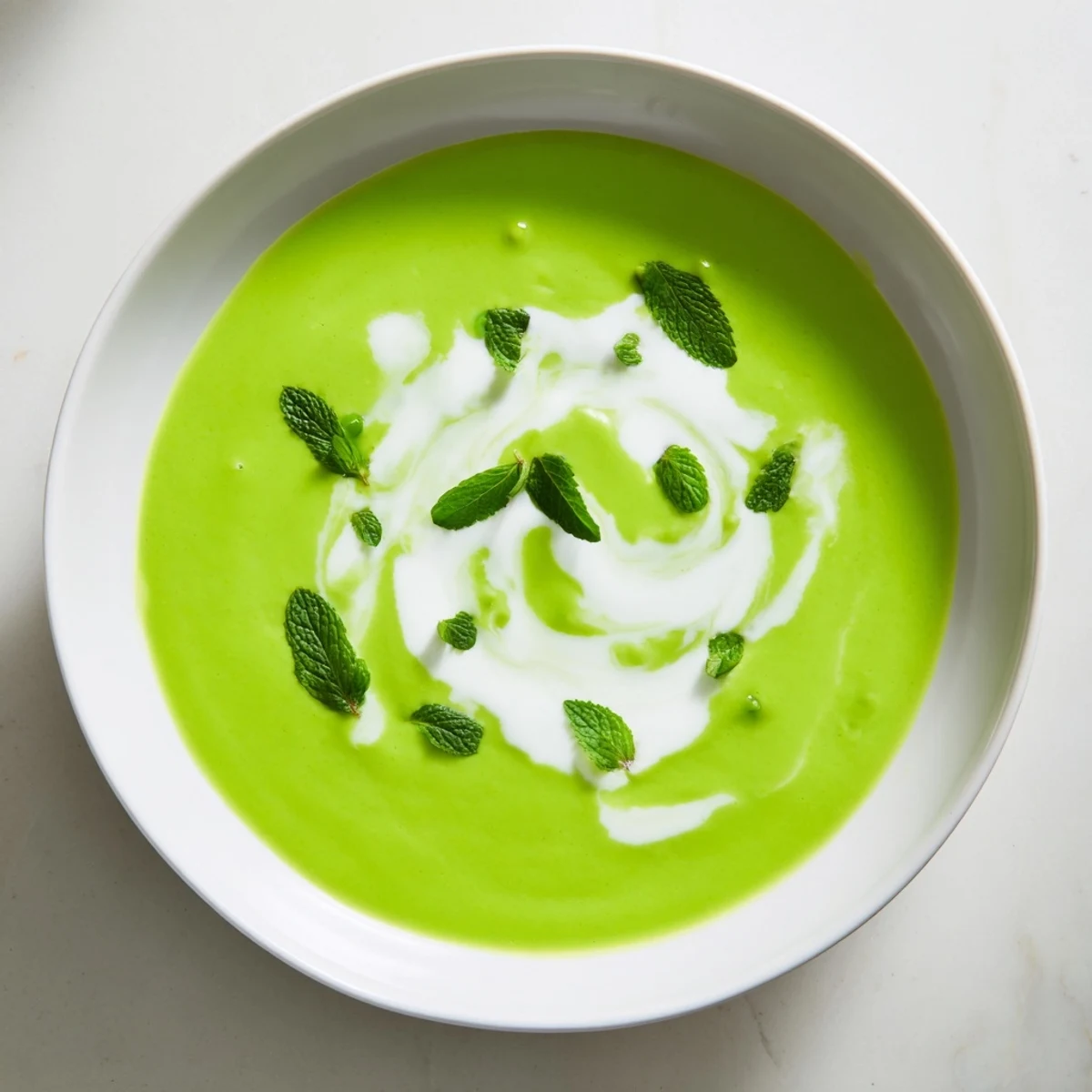 Ladle of Spring Pea Soup with Mint and Crème Fraîche, garnished with fresh mint leaves and a swirl of creamy topping.