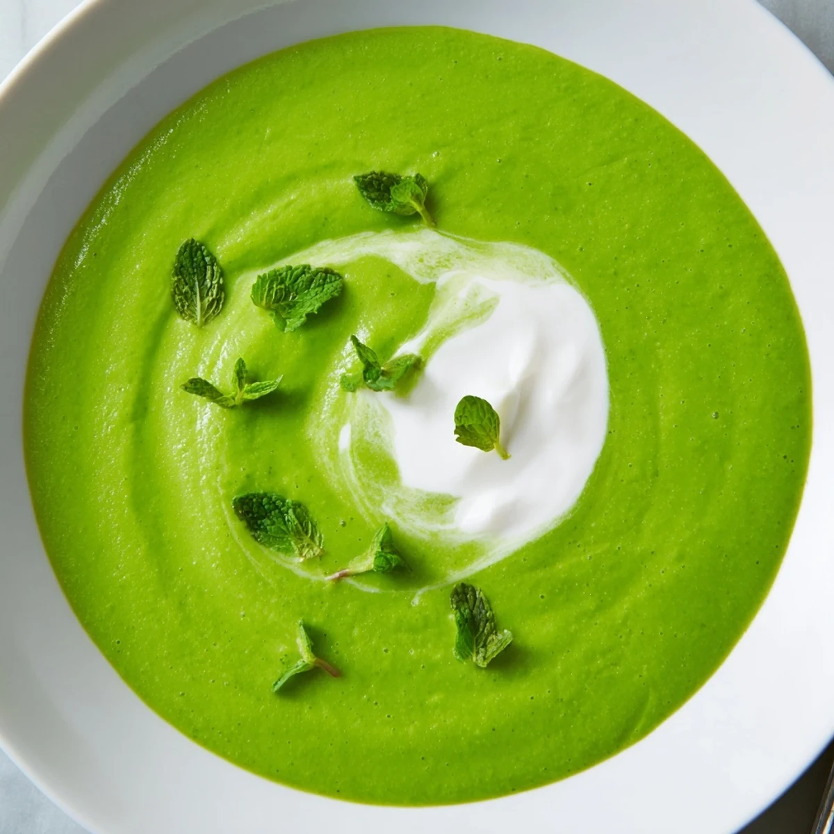 Close-up of Spring Pea Soup with Mint and Crème Fraîche in a white bowl, vibrant green color and smooth texture.