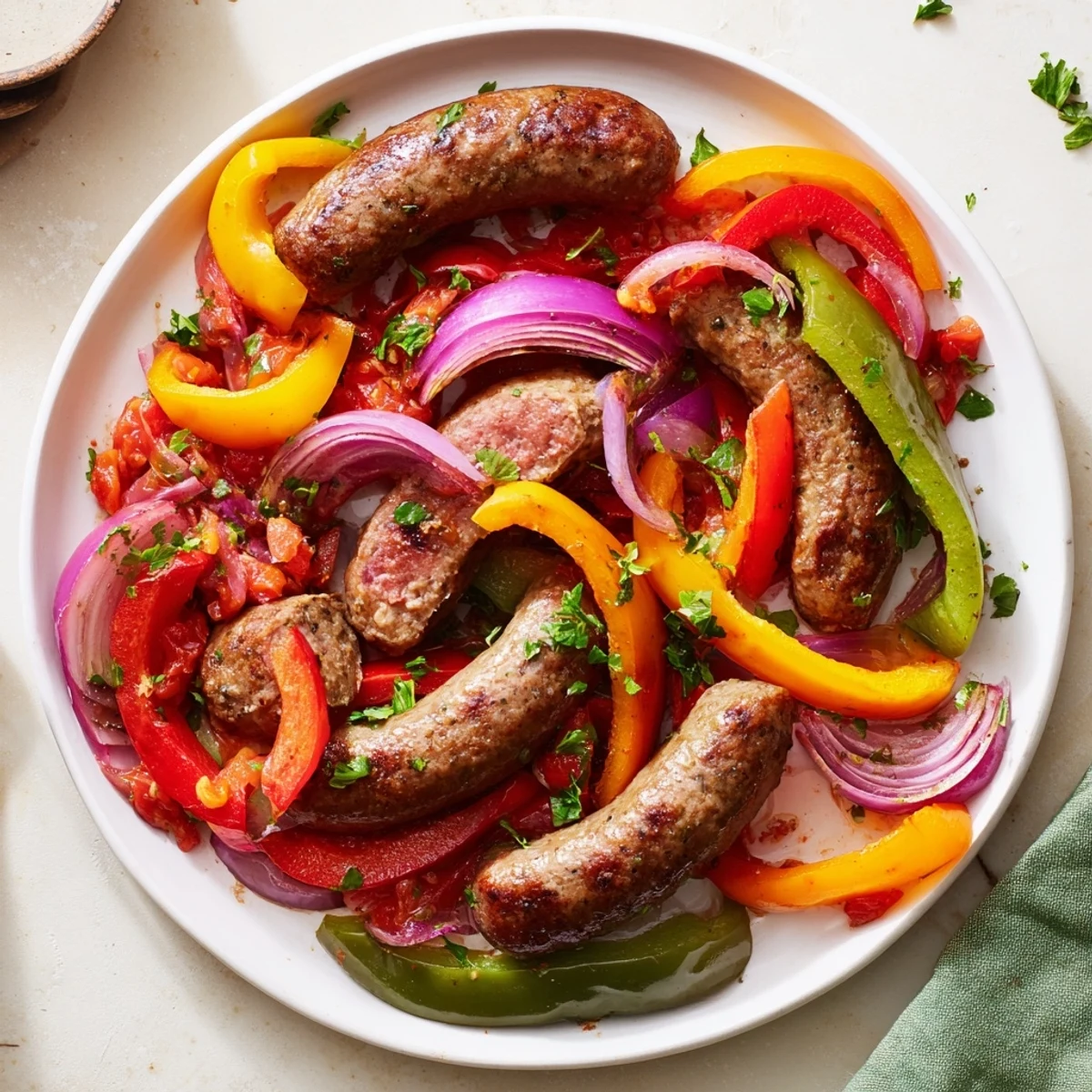 Sizzling beef sausage and pepper skillet with colorful bell peppers and onions in a rustic pan.