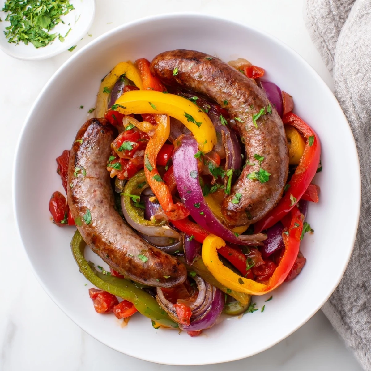 Savory beef sausage and pepper skillet served over creamy mashed potatoes with fresh parsley garnish.