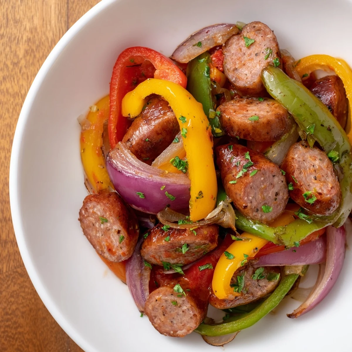 Juicy beef sausage and pepper skillet featuring caramelized onions and aromatic herbs on a stovetop.