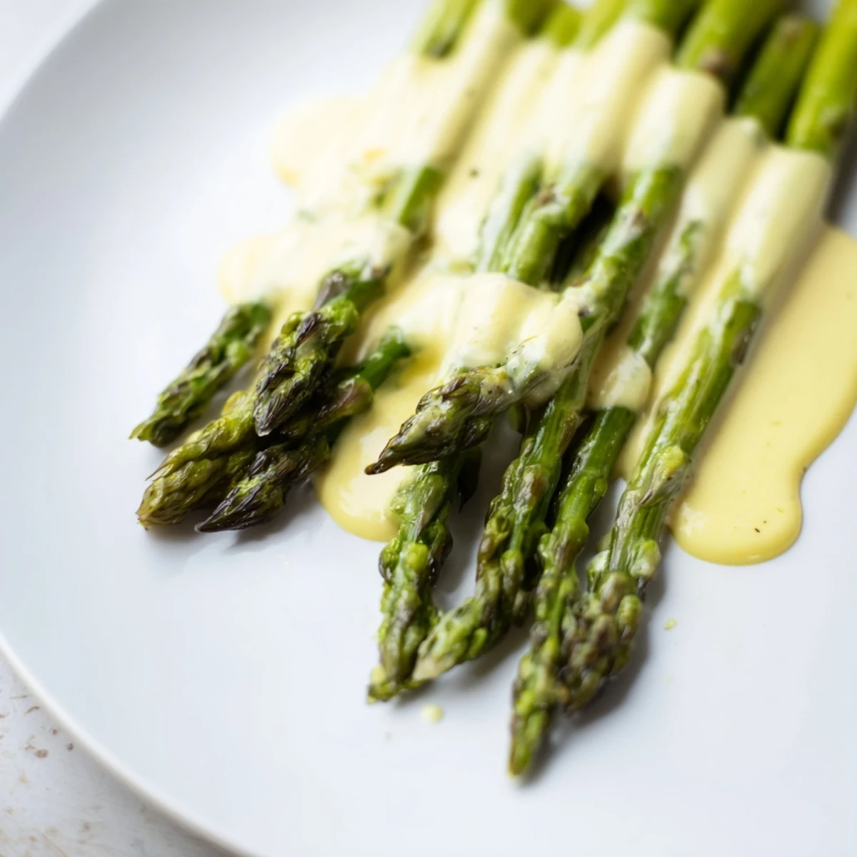 Freshly roasted asparagus spears served on a white platter with rich yellow hollandaise sauce drizzled over top.