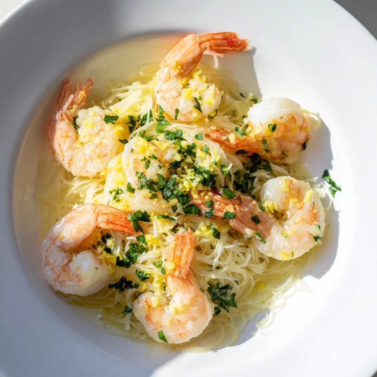 Overhead view of Lemon Garlic Butter Shrimp with Angel Hair Pasta on a rustic table, showcasing twirled pasta and sautéed shrimp.