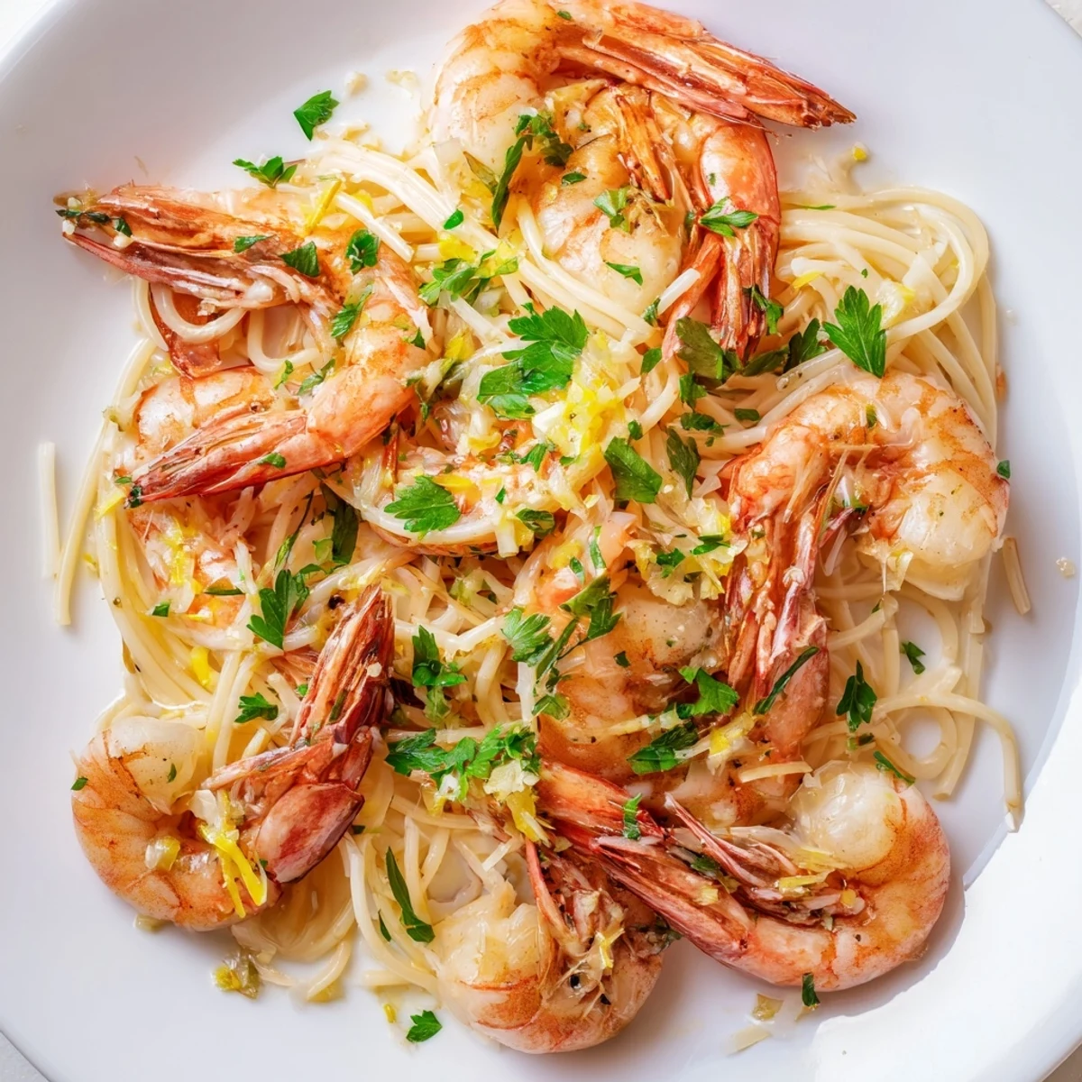 In a shallow bowl, Lemon Garlic Butter Shrimp with Angel Hair Pasta is garnished with parsley and a glass of white wine nearby.