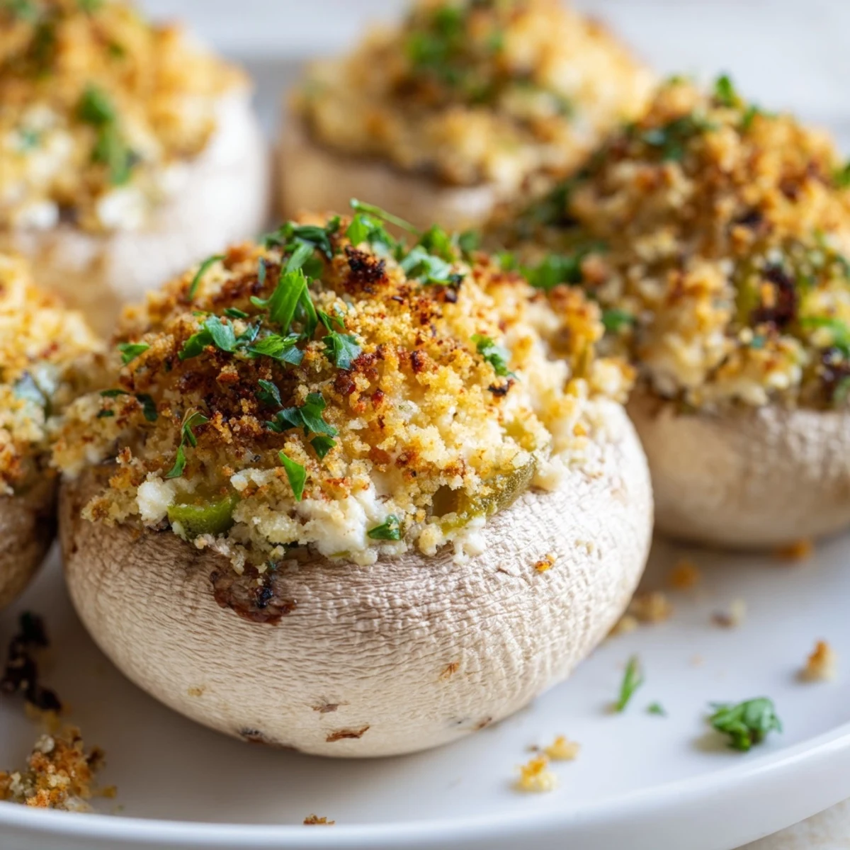 Baked Mozzarella Popper Stuffed Mushrooms with golden, cheesy filling and a crunchy breadcrumb topping, served warm.