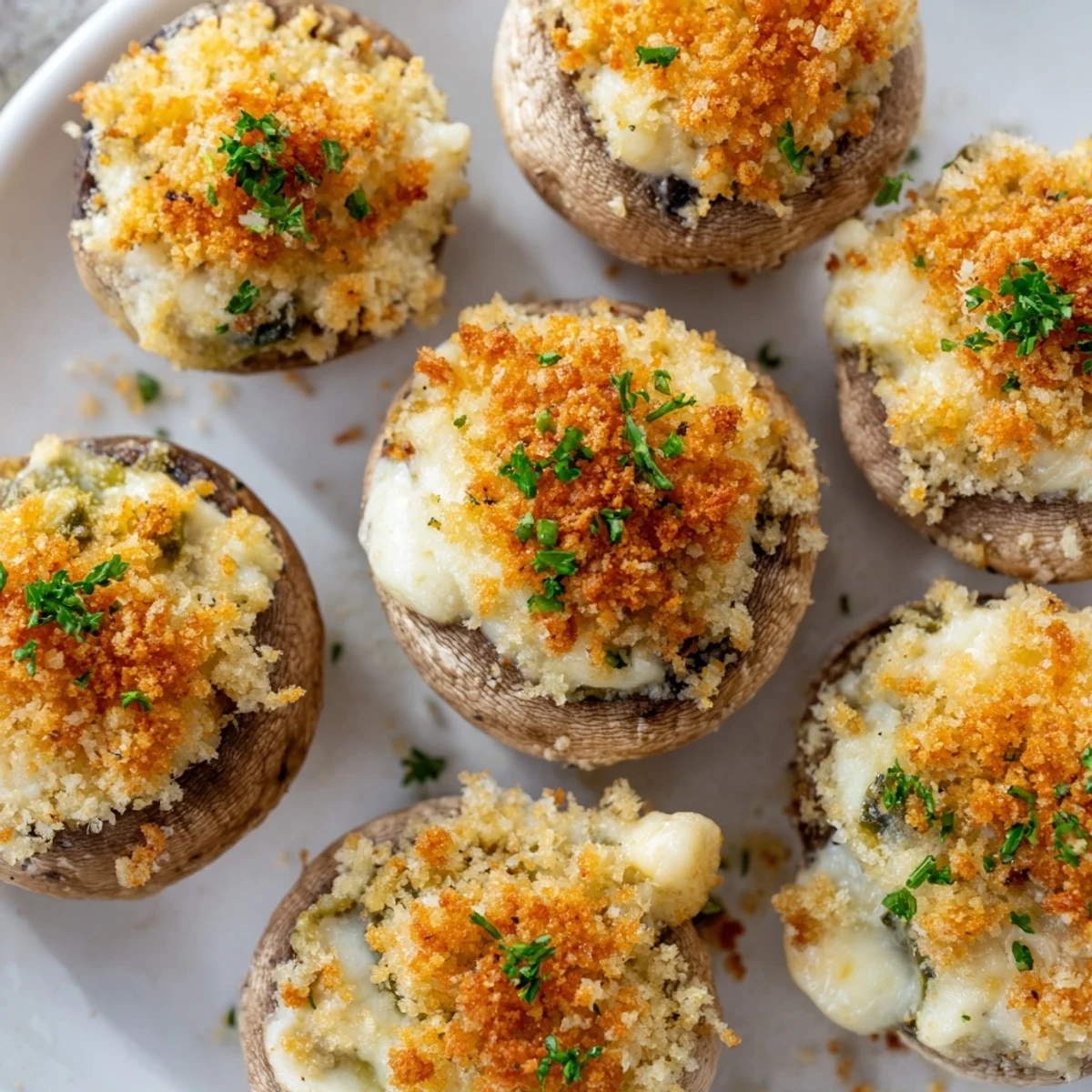 Tender mushroom caps filled with Mozzarella Popper Stuffed Mushrooms and cheddar, garnished with fresh parsley.