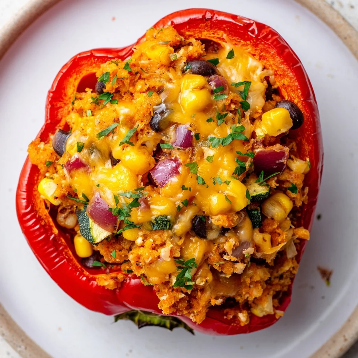 Four colorful bell peppers with Cajun Potato Stuffed Bell Peppers filling on a rustic wooden table, served alongside a small green salad for a vibrant main dish.