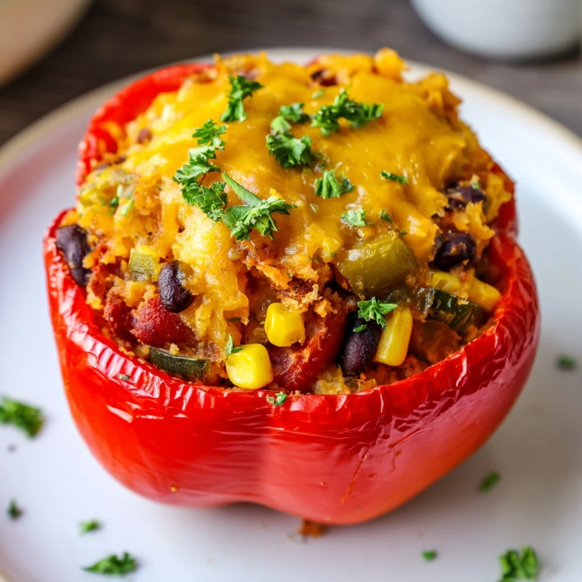 Golden-brown Cajun Potato Stuffed Bell Peppers sit upright in a white baking dish, filled with a chunky potato mixture topped with melted cheese and crispy breadcrumbs.