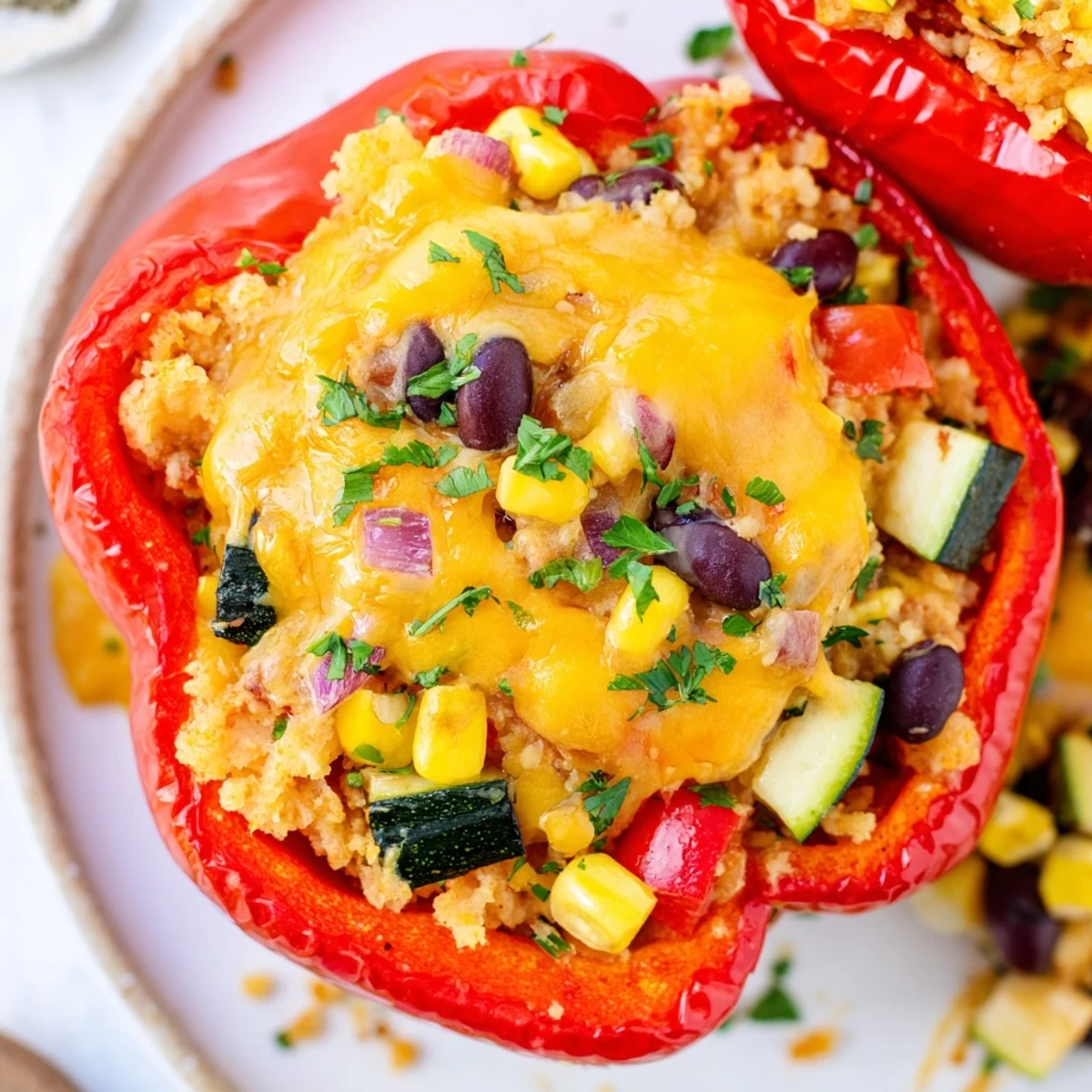 A close-up of one halved Cajun Potato Stuffed Bell Peppers, revealing layers of spiced potatoes, black beans, and corn nestled inside the tender roasted pepper.