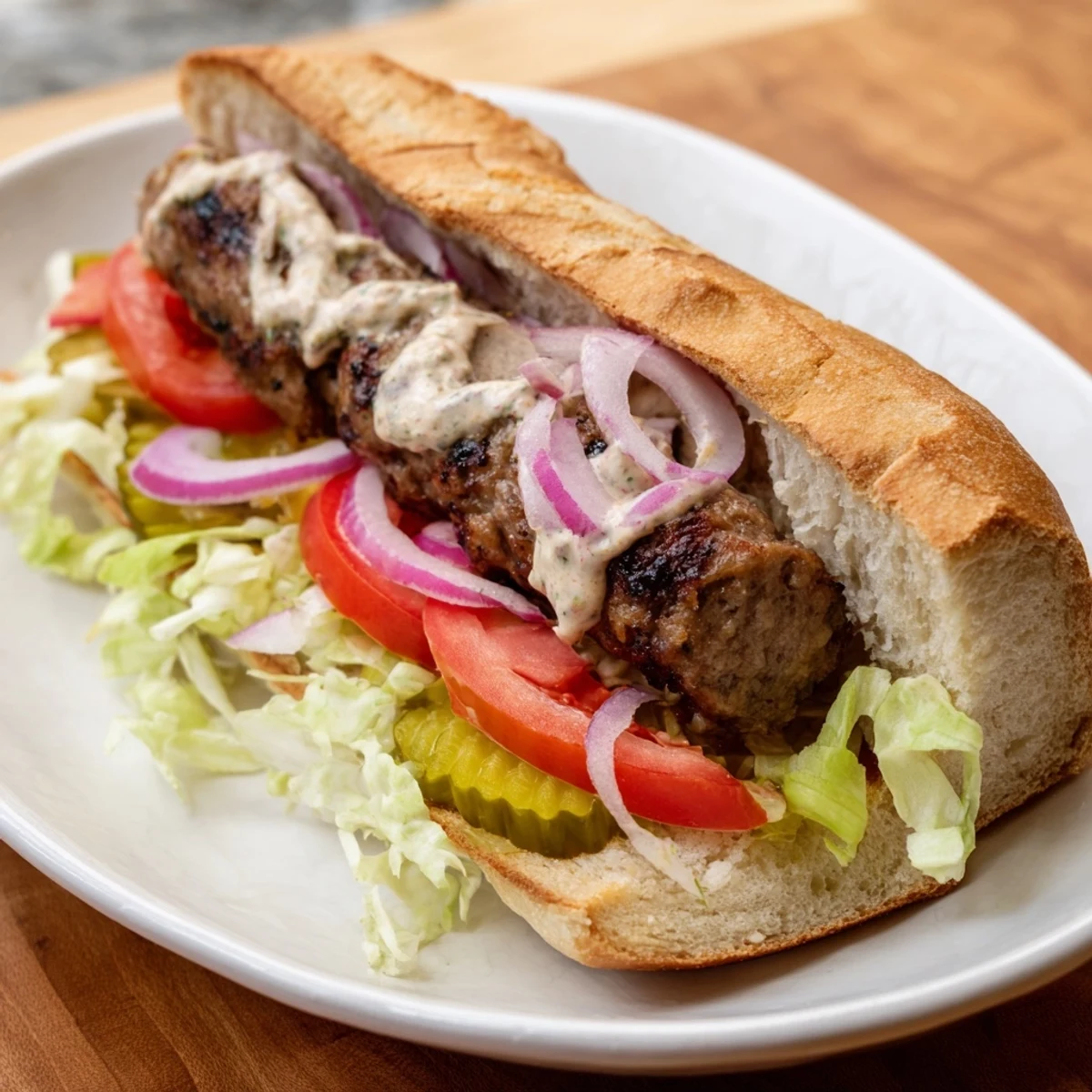 Grilled Cajun Beef Sausage Po Boy Sandwiches on a wooden board with pickles and remoulade.