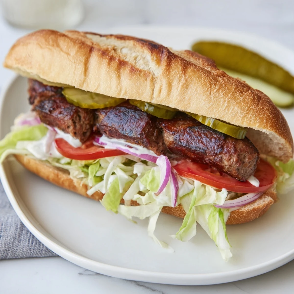 Juicy Cajun sausage po boy sandwich served with chips and a creamy Creole remoulade sauce.