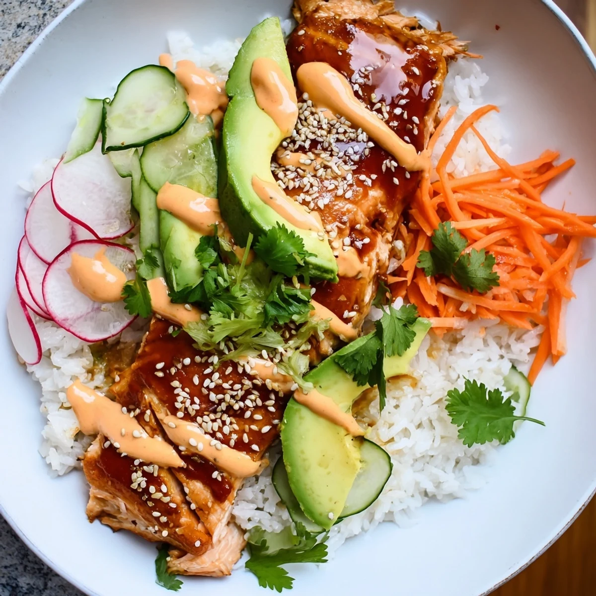 A close-up of Teriyaki Salmon Rice Taco Bowls with Pickled Veggies, showing glistening salmon atop fluffy jasmine rice with colorful pickled carrots and cucumbers.  