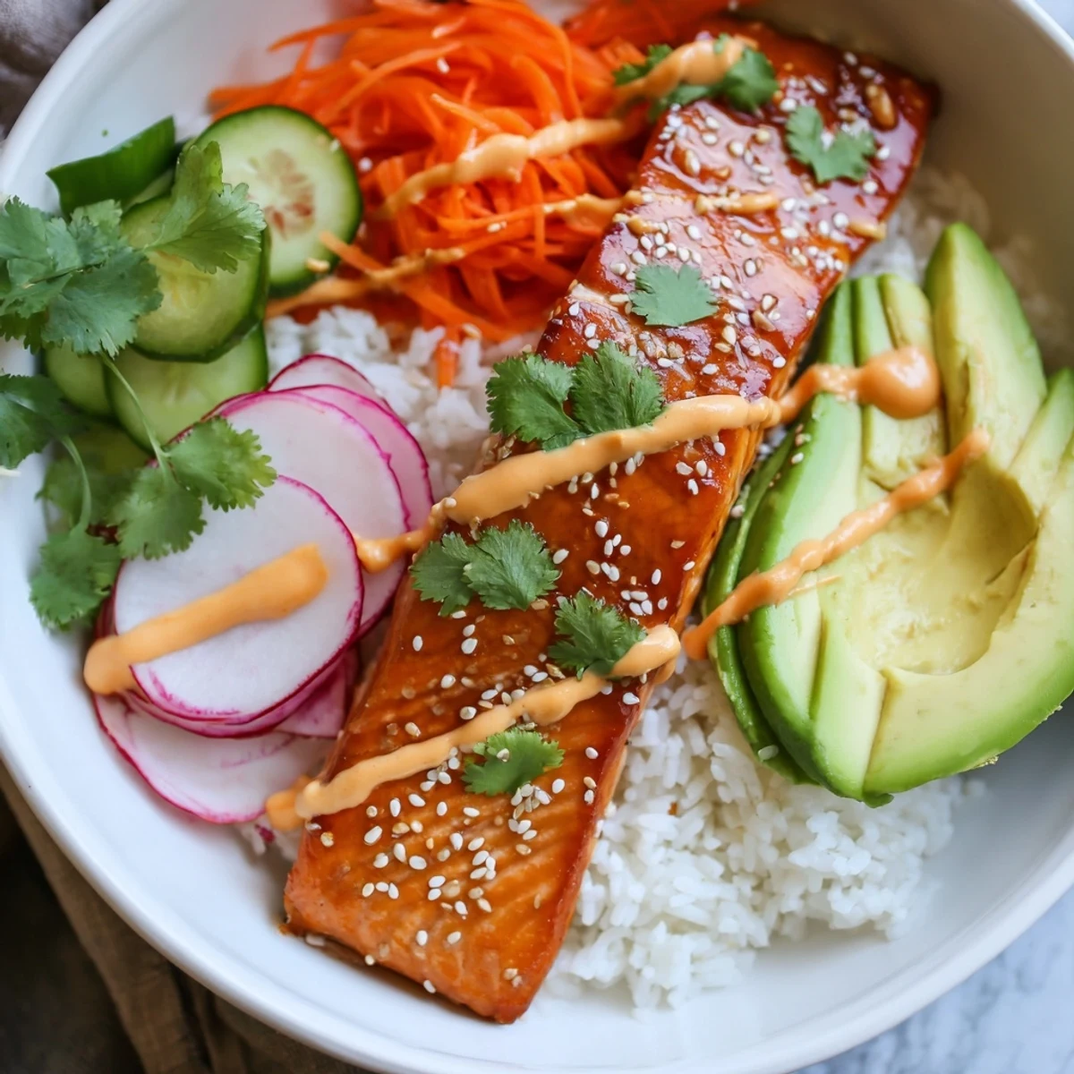Steaming bowl of Teriyaki Salmon Rice Taco Bowls with Pickled Veggies, featuring a drizzle of sriracha mayo and fresh cilantro for a zesty finish.  