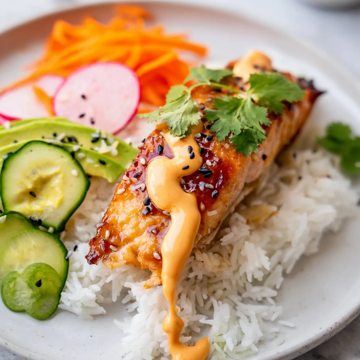 Overhead view of Teriyaki Salmon Rice Taco Bowls with Pickled Veggies, garnished with sliced avocado and sesame seeds beside a small bowl of quick-pickled vegetables.
