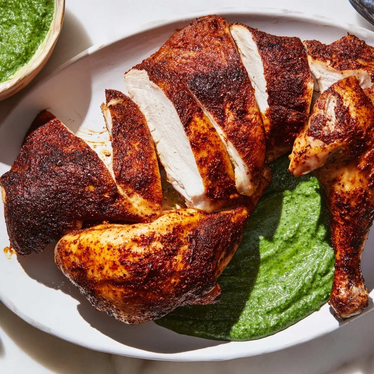 Golden-brown Peruvian Roast Chicken with Creamy Green Sauce glistens with spices and fresh herbs on a rustic platter.