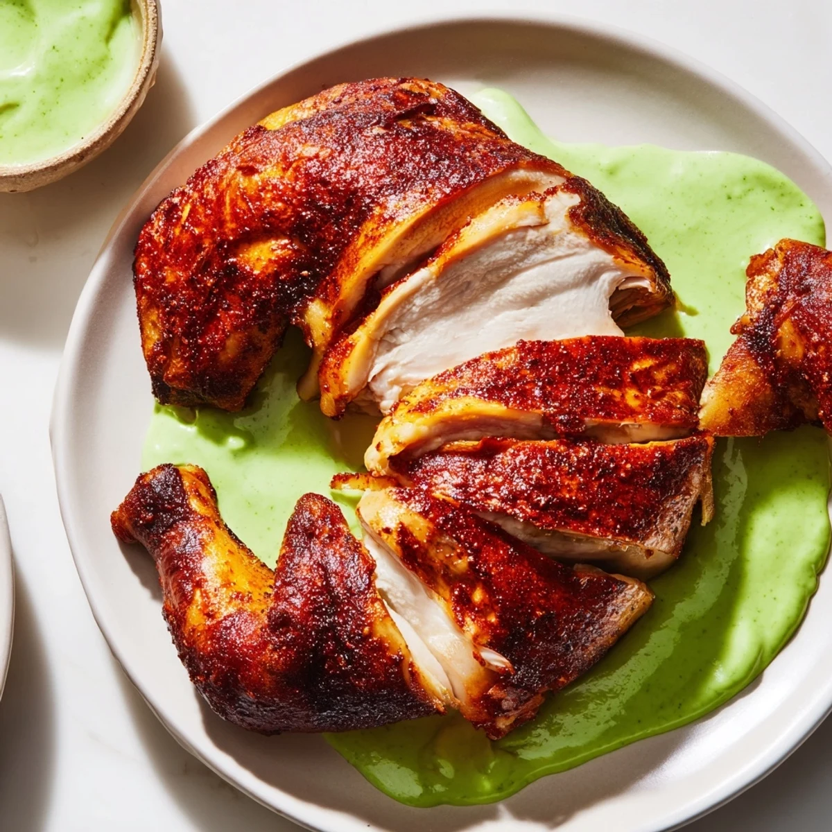 Close-up of succulent Peruvian Roast Chicken with Creamy Green Sauce highlighting its crispy skin and vibrant herby sauce.