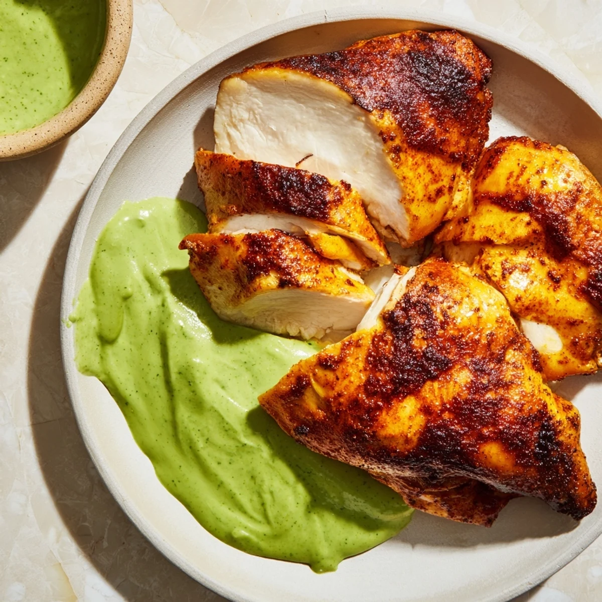 A juicy slice of Peruvian Roast Chicken with Creamy Green Sauce served beside roasted potatoes for a hearty meal.