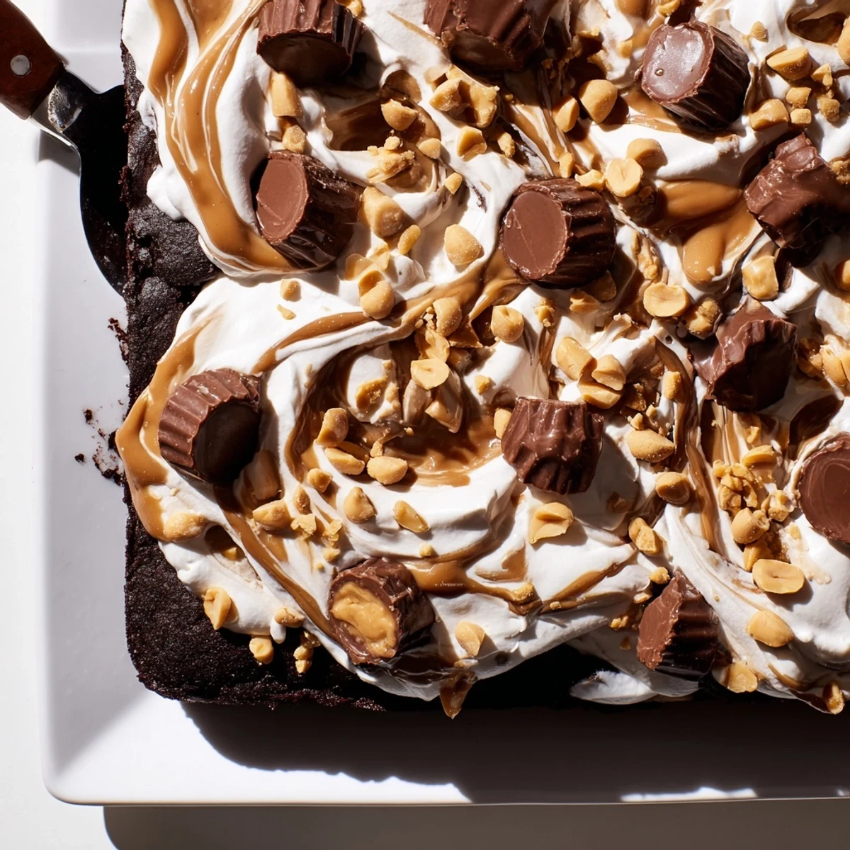 A close-up of Chocolate Peanut Butter Poke Cake with layers of chocolate cake, creamy filling, whipped cream, and a rich drizzle.