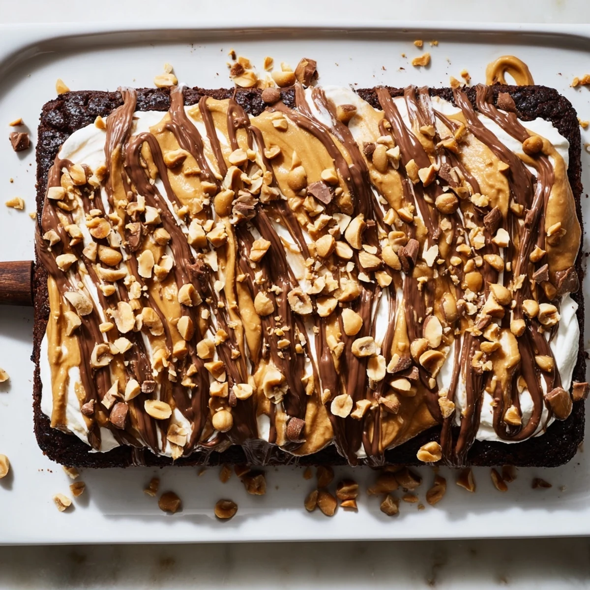 Moist Chocolate Peanut Butter Poke Cake topped with whipped cream and chopped peanuts, served chilled on a white dessert plate.