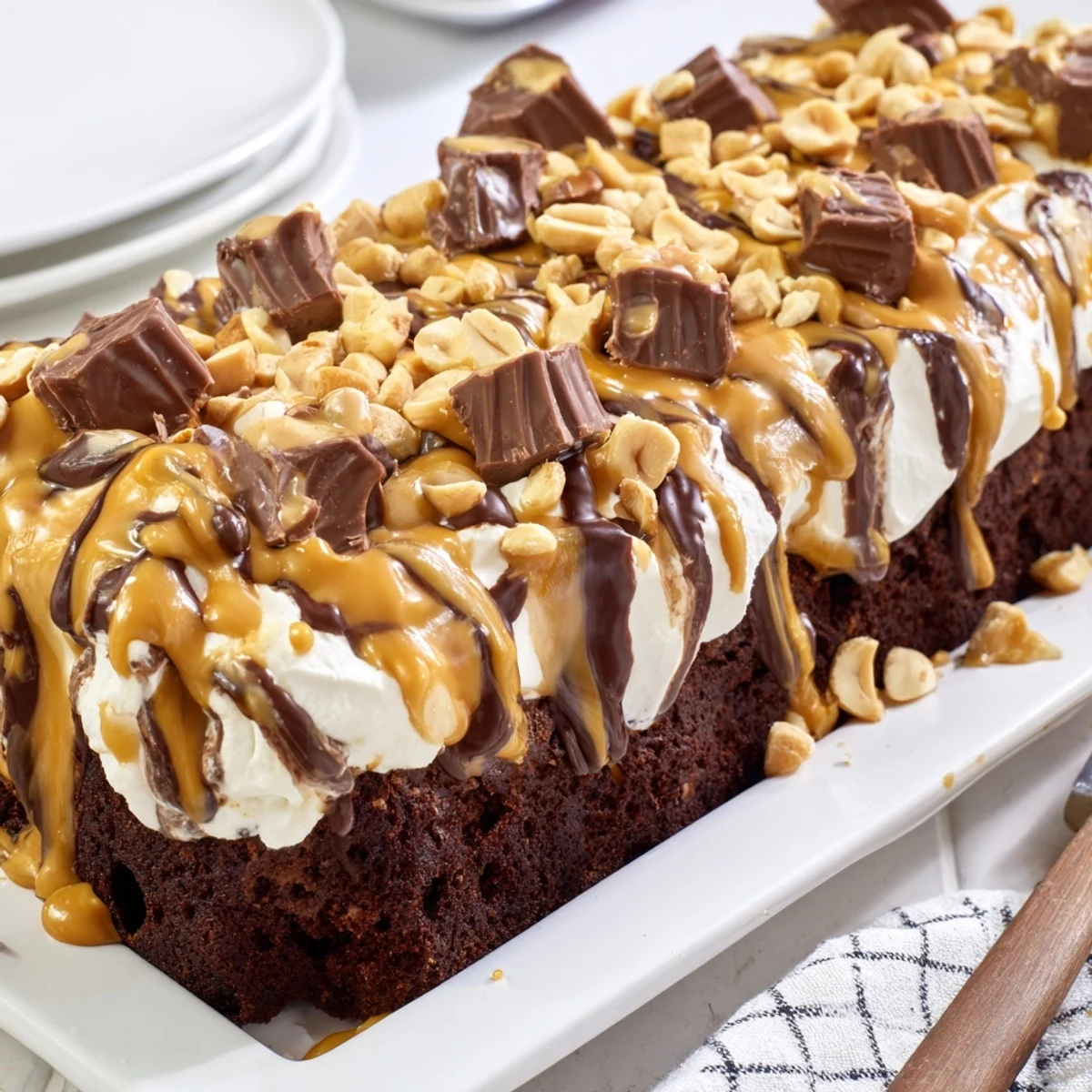 Decadent Chocolate Peanut Butter Poke Cake slice showing a moist crumb and creamy peanut butter filling, perfect for a celebration.