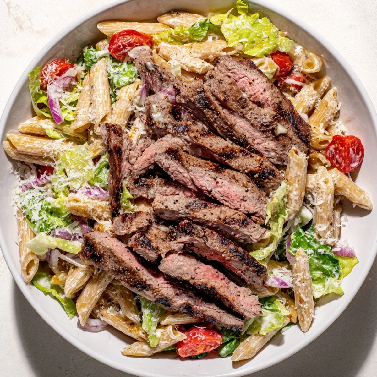 Juicy grilled steak slices atop a vibrant Flavorful Steak Caesar Pasta Salad with crisp romaine and creamy dressing.
