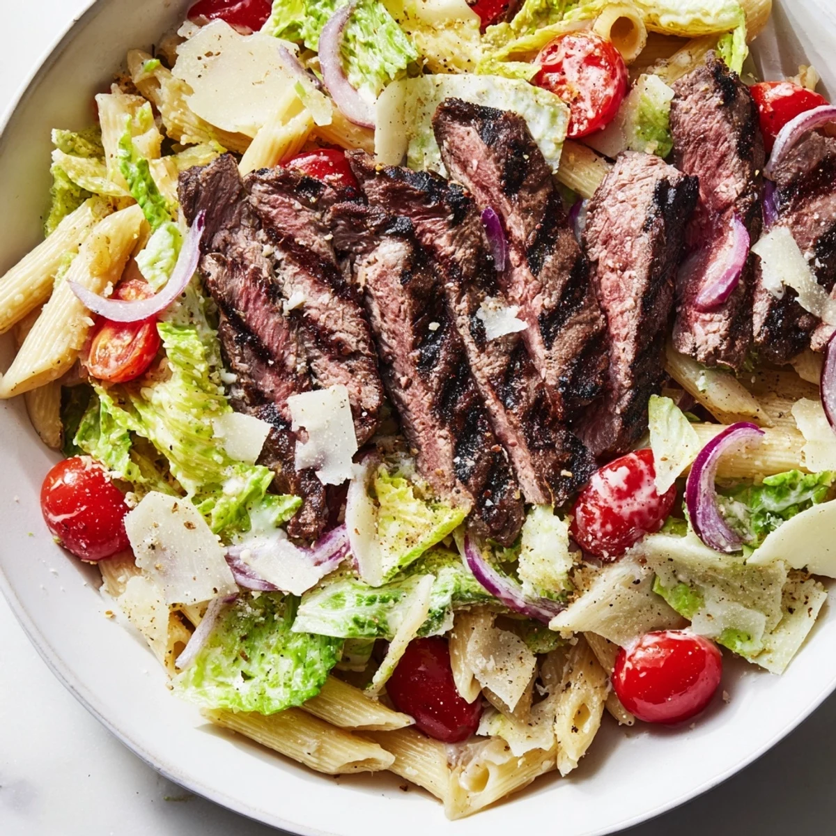 A hearty Flavorful Steak Caesar Pasta Salad served in a bowl with al dente pasta and crunchy croutons.
