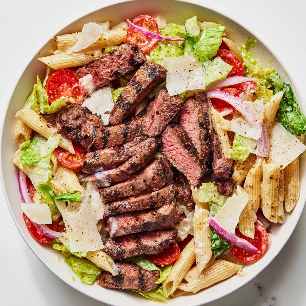 Close-up of Flavorful Steak Caesar Pasta Salad featuring cherry tomatoes, shaved Parmesan, and tender grilled steak pieces.