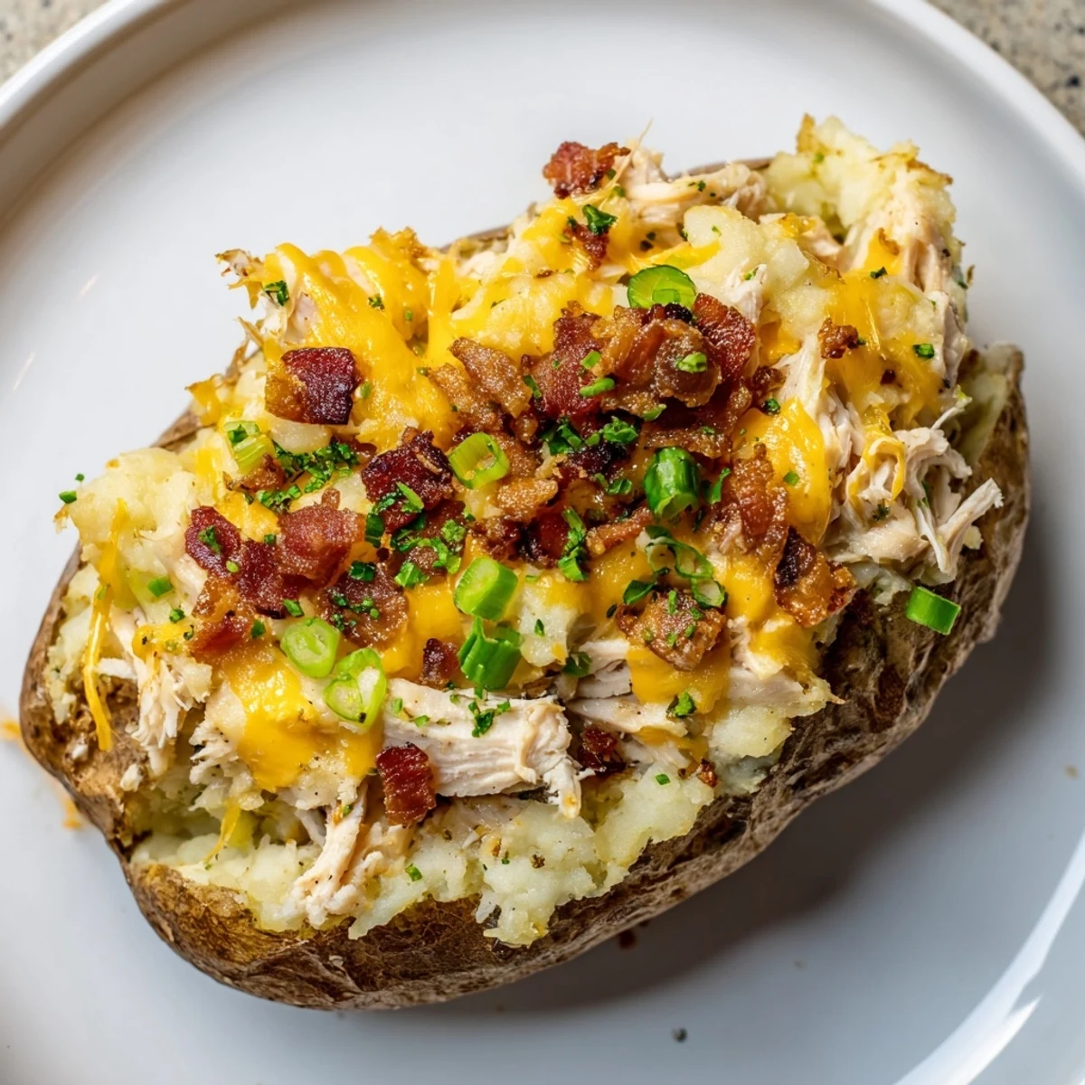 Golden-brown twice baked potatoes topped with melted cheddar and parsley, filled with creamy chicken and savory seasonings.