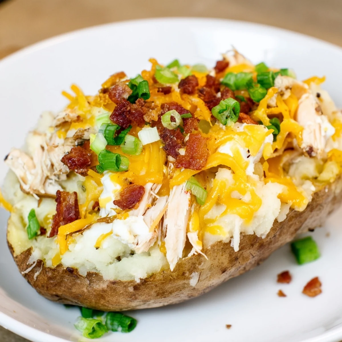 Hearty Mud Chicken Stuffed Twice Baked Potatoes presented on a rustic plate with a side salad for a complete dinner.