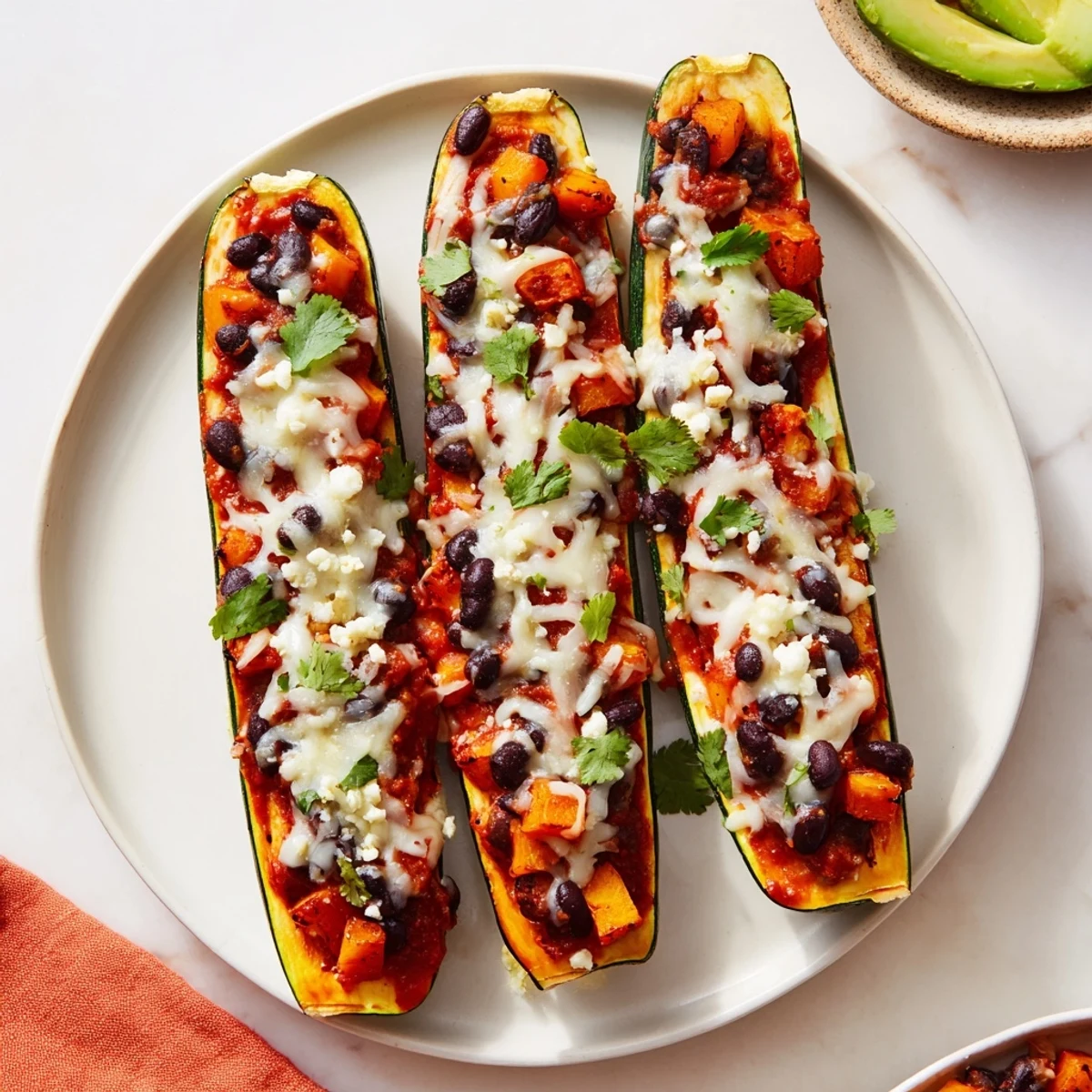 Roasted butternut squash and black beans fill zucchini boats, topped with melty cheese and enchilada sauce for a vegetarian dinner.
