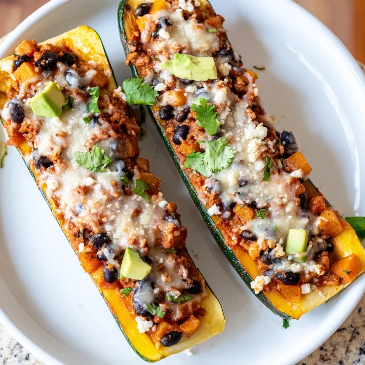 A close-up of Black Bean and Butternut Squash Enchilada Boats garnished with fresh cilantro, avocado, and lime wedges on a rustic plate.