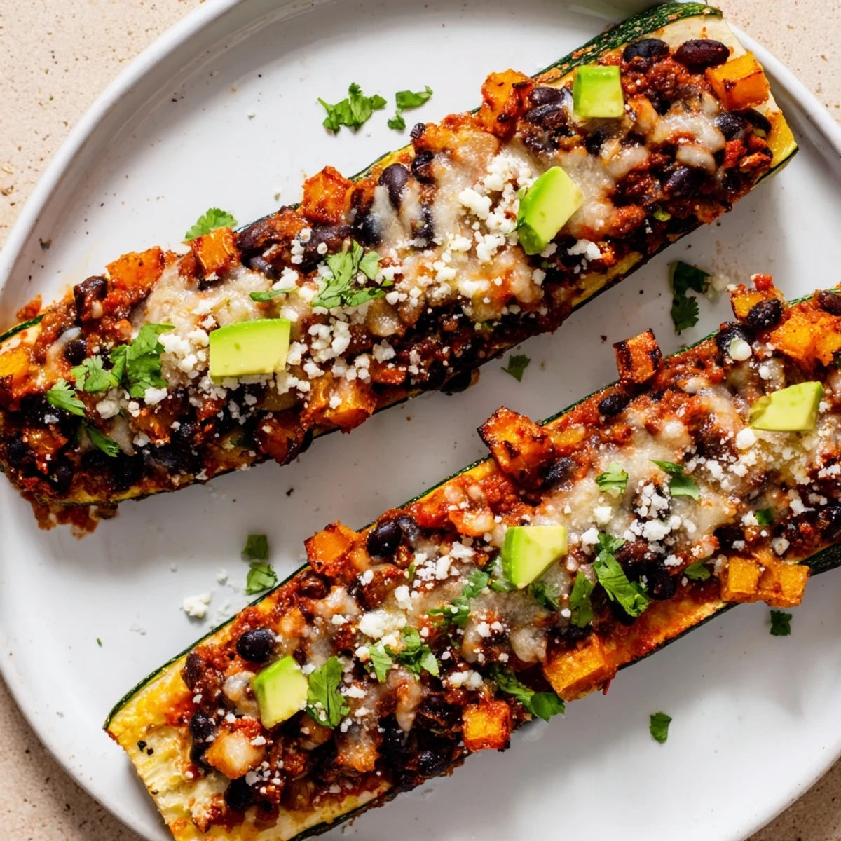 Vibrant Black Bean and Butternut Squash Enchilada Boats sizzling fresh from the oven, perfect for a hearty, gluten-free main dish.