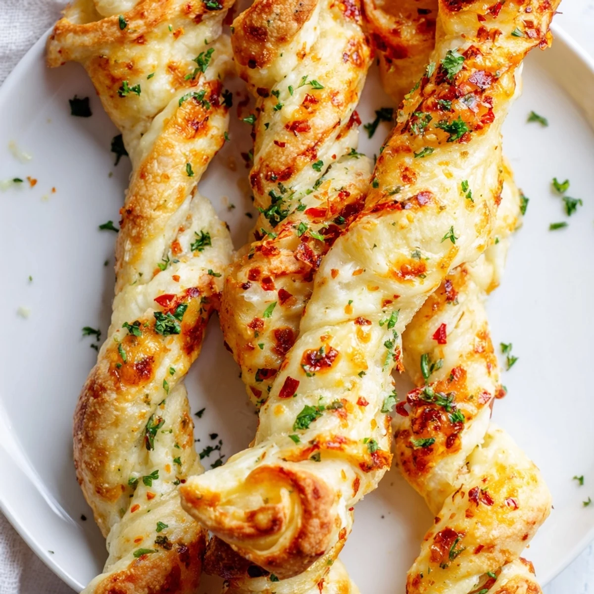 Golden-brown Crispy Air Fryer Pizza Cheese Bread Twists stacked on a plate with marinara dipping sauce. 