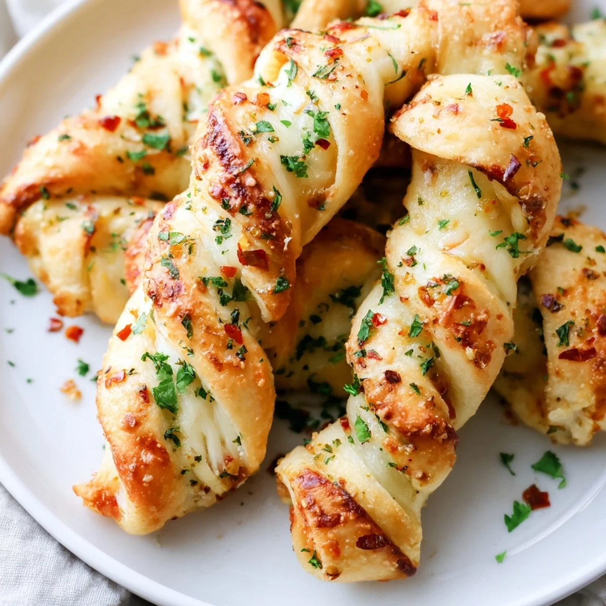 Twisted dough filled with melted mozzarella and herbs, served warm for a party appetizer. 
