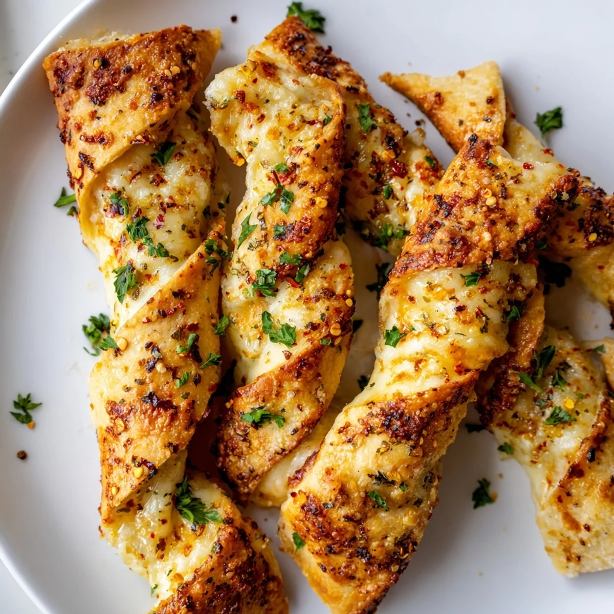 Freshly made Crispy Air Fryer Pizza Cheese Bread Twists with garlic butter brushed on top.