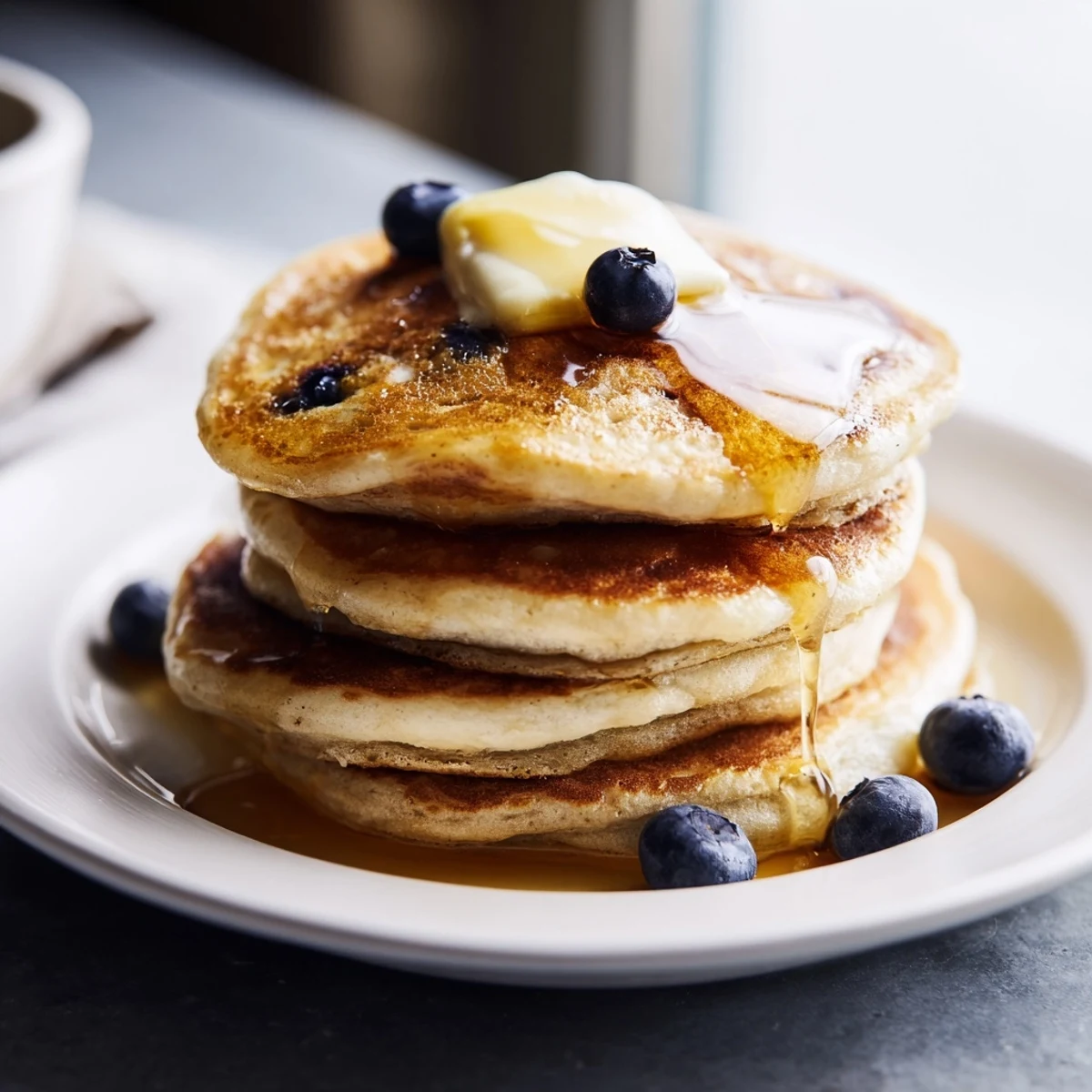 Stack of golden-brown Sourdough Discard Pancakes drizzled with warm maple syrup on a rustic plate.