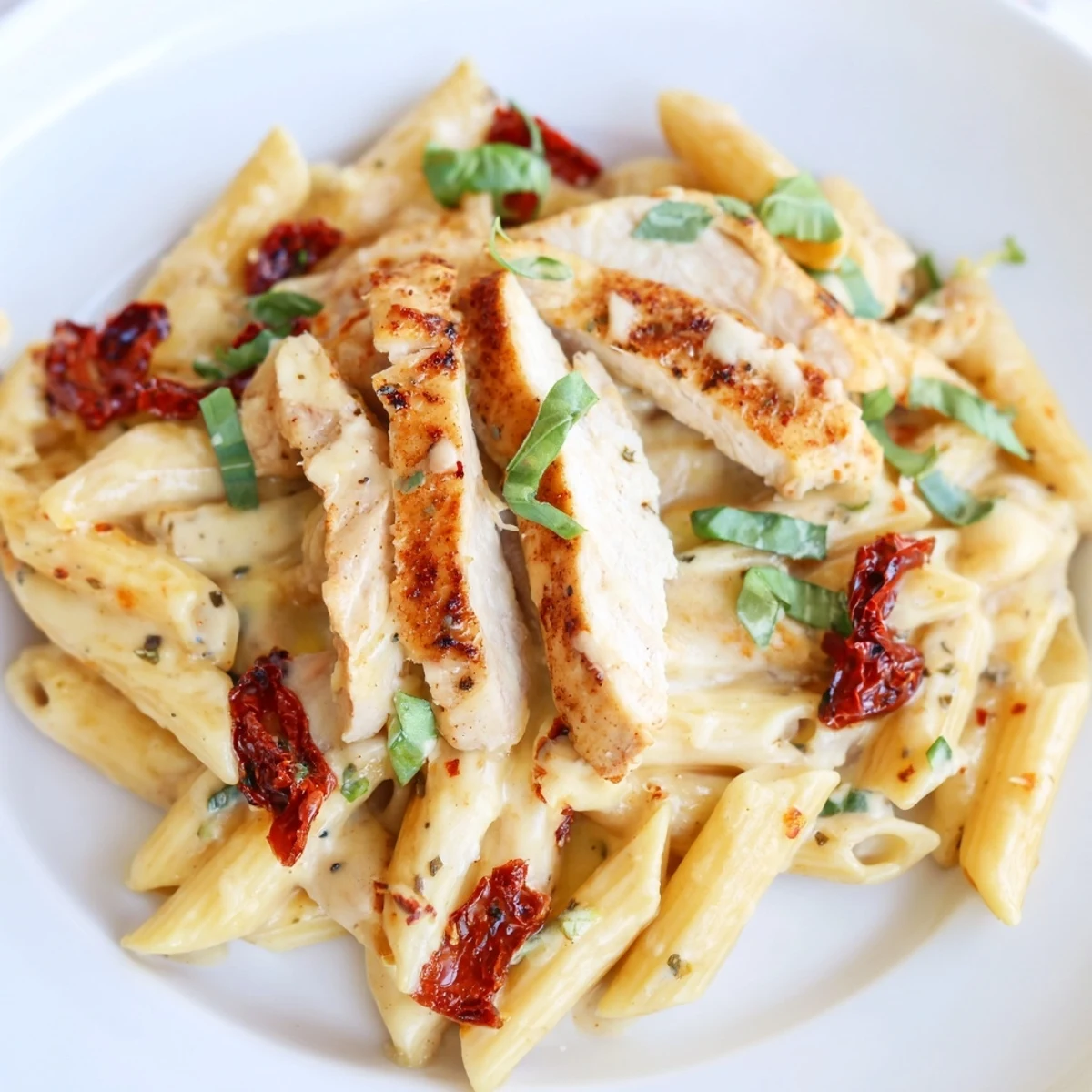 Creamy Marry Me Garlic Parmesan Chicken Pasta with tender sliced chicken breast and sun-dried tomatoes on a plate.