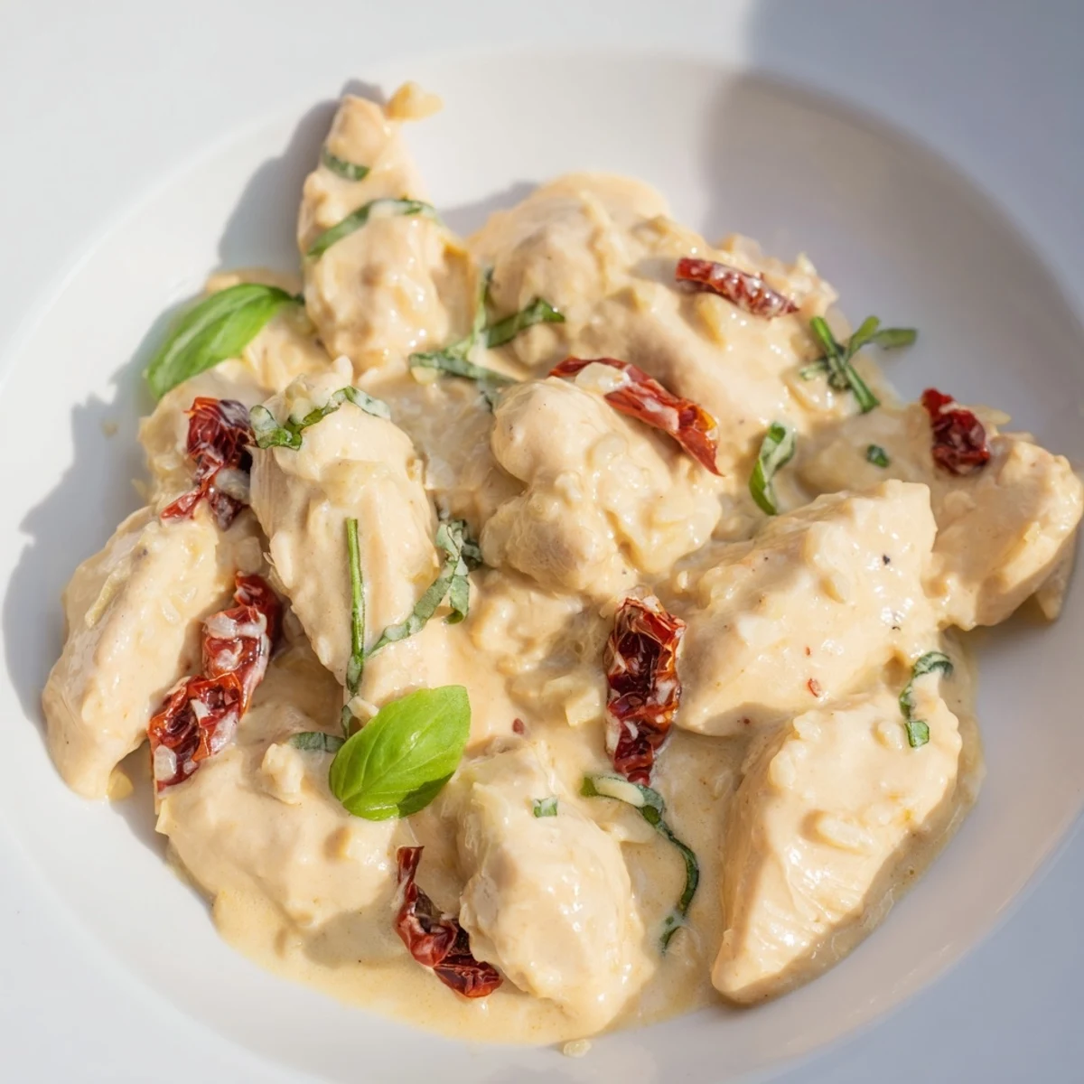 Golden-brown chicken breasts nestled in a creamy sun-dried tomato sauce, garnished with fresh basil in a skillet.