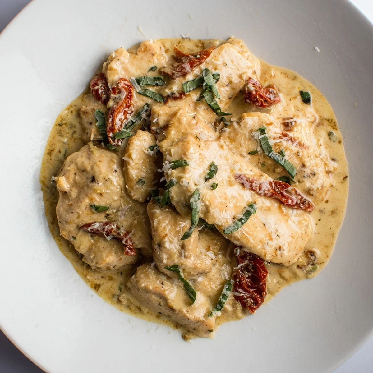 A single pan of Marry Me One Pan Chicken in Sun-Dried Tomato Cream Sauce bubbling on the stovetop, ready to serve.