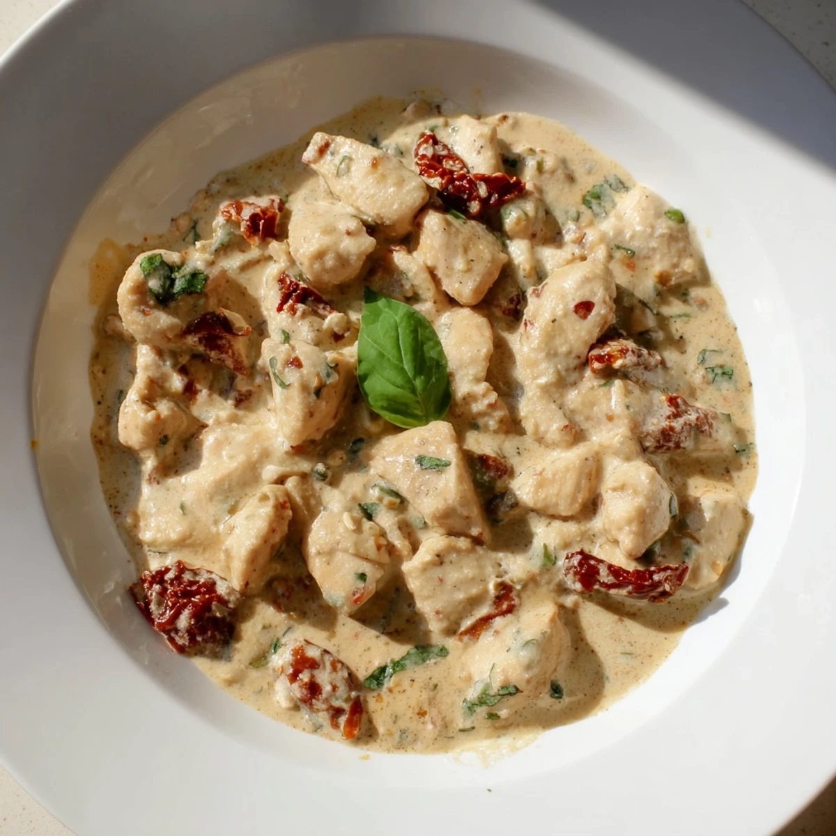 Tender chicken coated in a rich, cheesy sun-dried tomato cream sauce, presented in a skillet for a romantic dinner.
