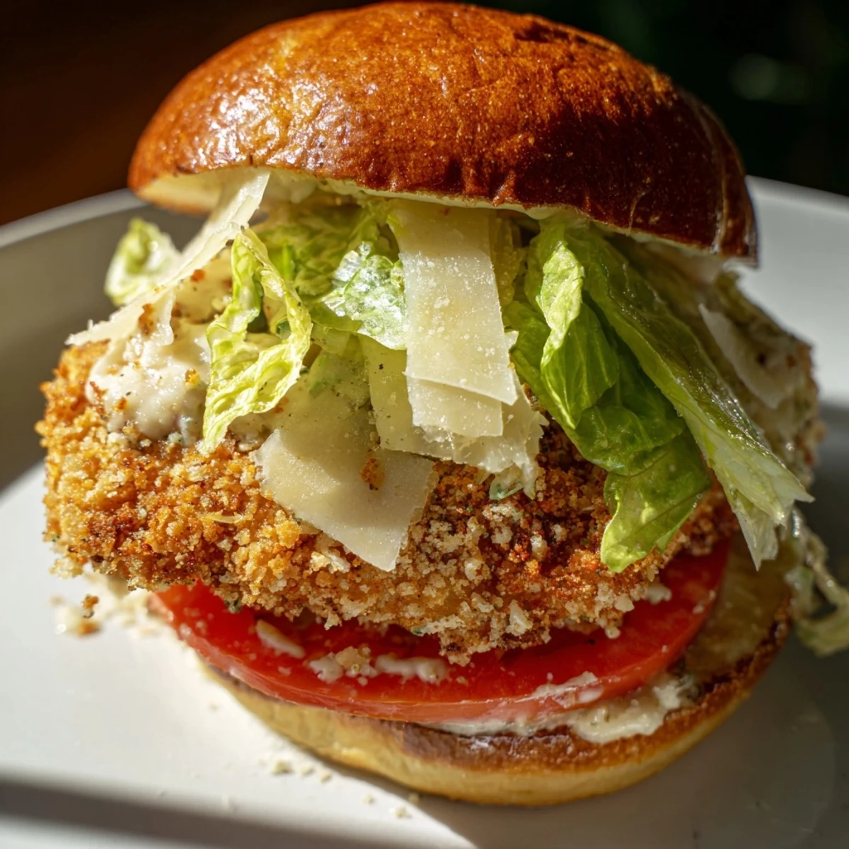 Golden crispy chicken fillet on a toasted brioche bun with creamy Caesar dressing and fresh romaine lettuce.