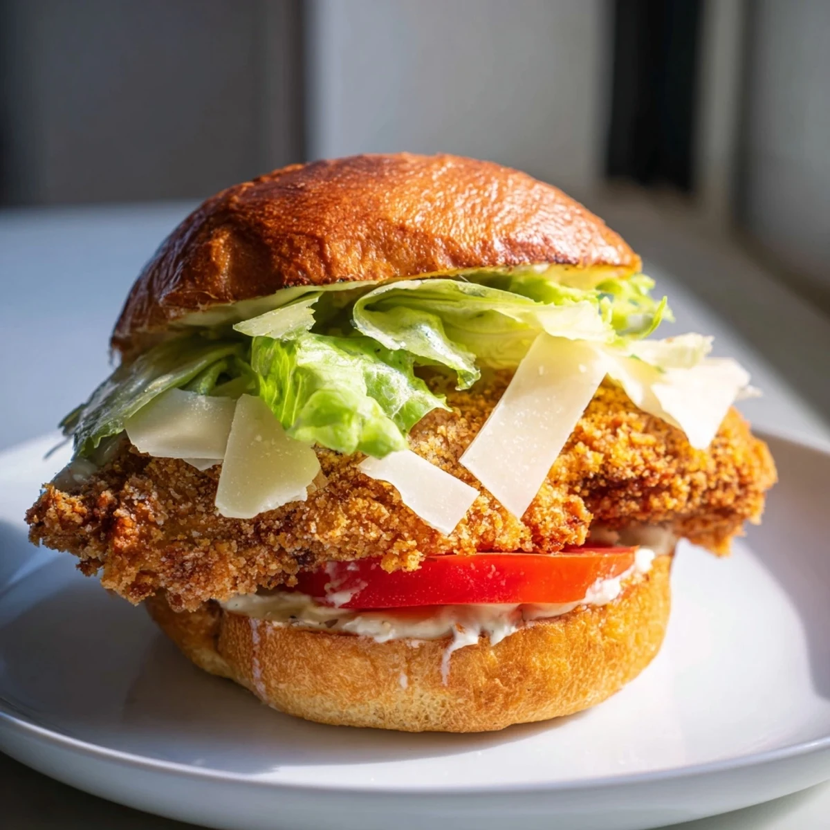 A close-up of a Marry Me Crispy Chicken Caesar Sandwich on a plate, showing the juicy interior and melted Parmesan.