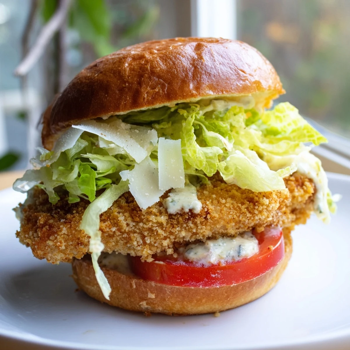 The Marry Me Crispy Chicken Caesar Sandwich served with a side of crispy fries and lemon wedges for lunch.