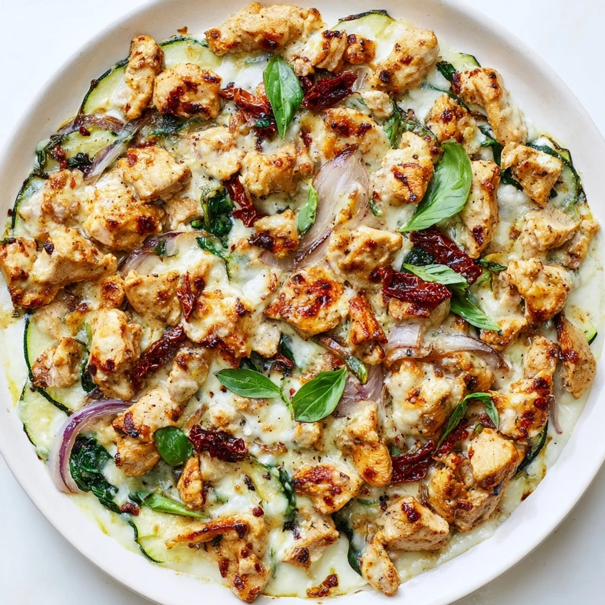 Serving suggestion for Marry Me Mediterranean Chicken Zucchini Bake plated with fresh basil and a side salad.