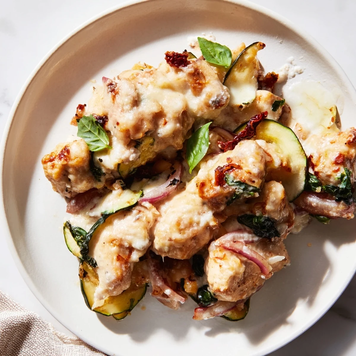 Sliced pieces of Marry Me Mediterranean Chicken Zucchini Bake show tender chicken and zucchini in creamy sauce.