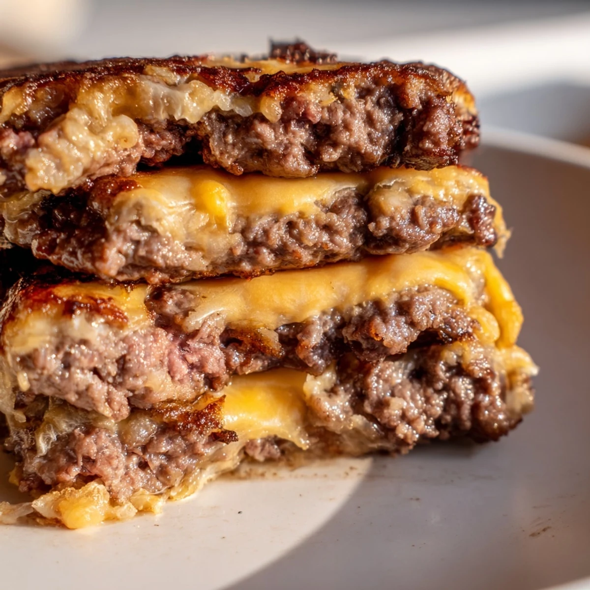 A close-up of Flying Dutchman Burger – Beef & Cheese Delight stacked high with melted cheese and grilled onions.