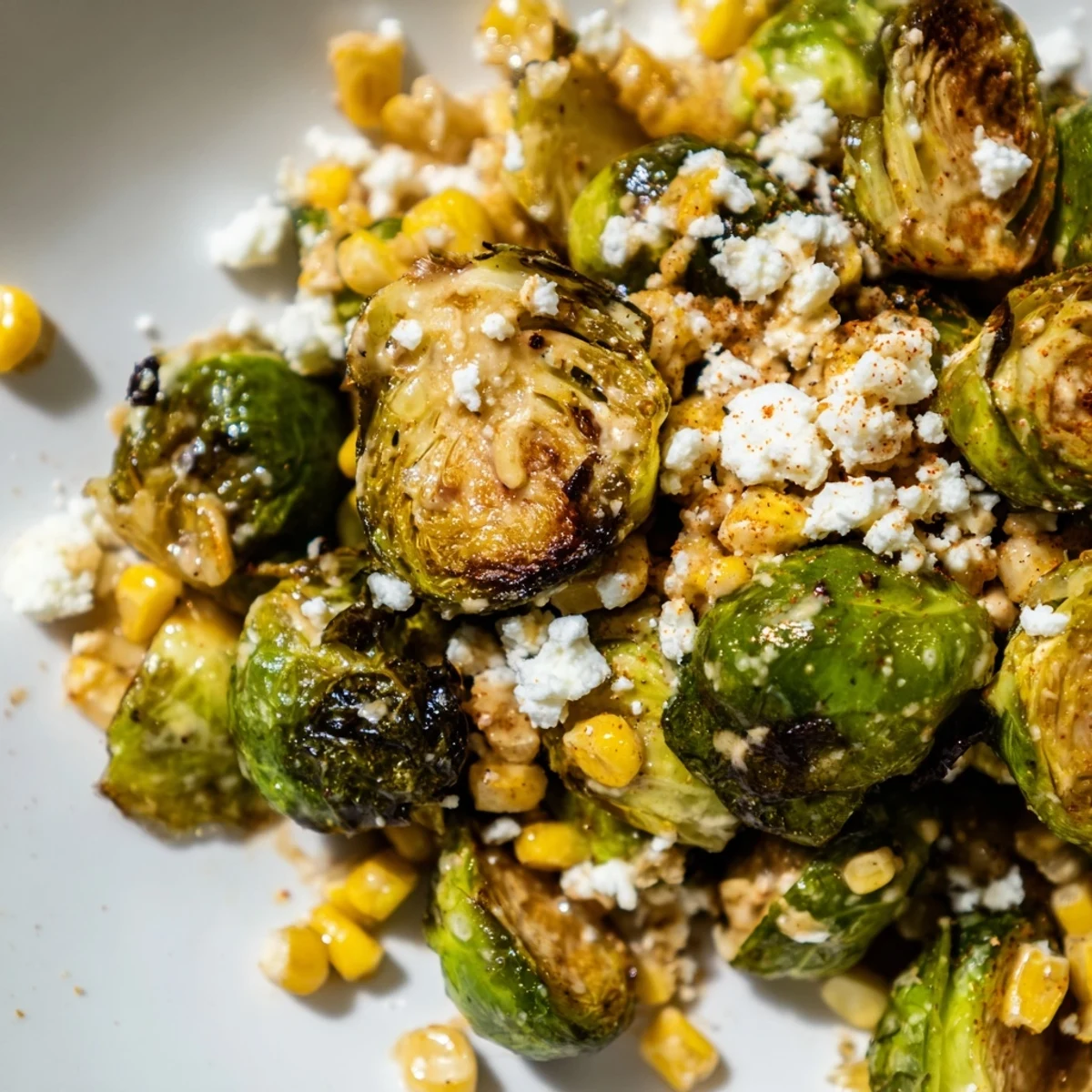 A serving of Mexican Street Corn Brussels Sprouts Delight showcases roasted sprouts tossed in tangy mayo-lime sauce with cotija and chili powder.